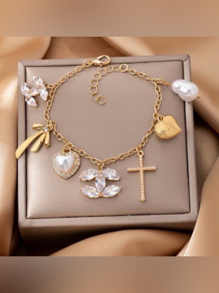 Target Gold-Tone Charm Bracelet With Pearlescent Heart, Cross & Crystal Accents